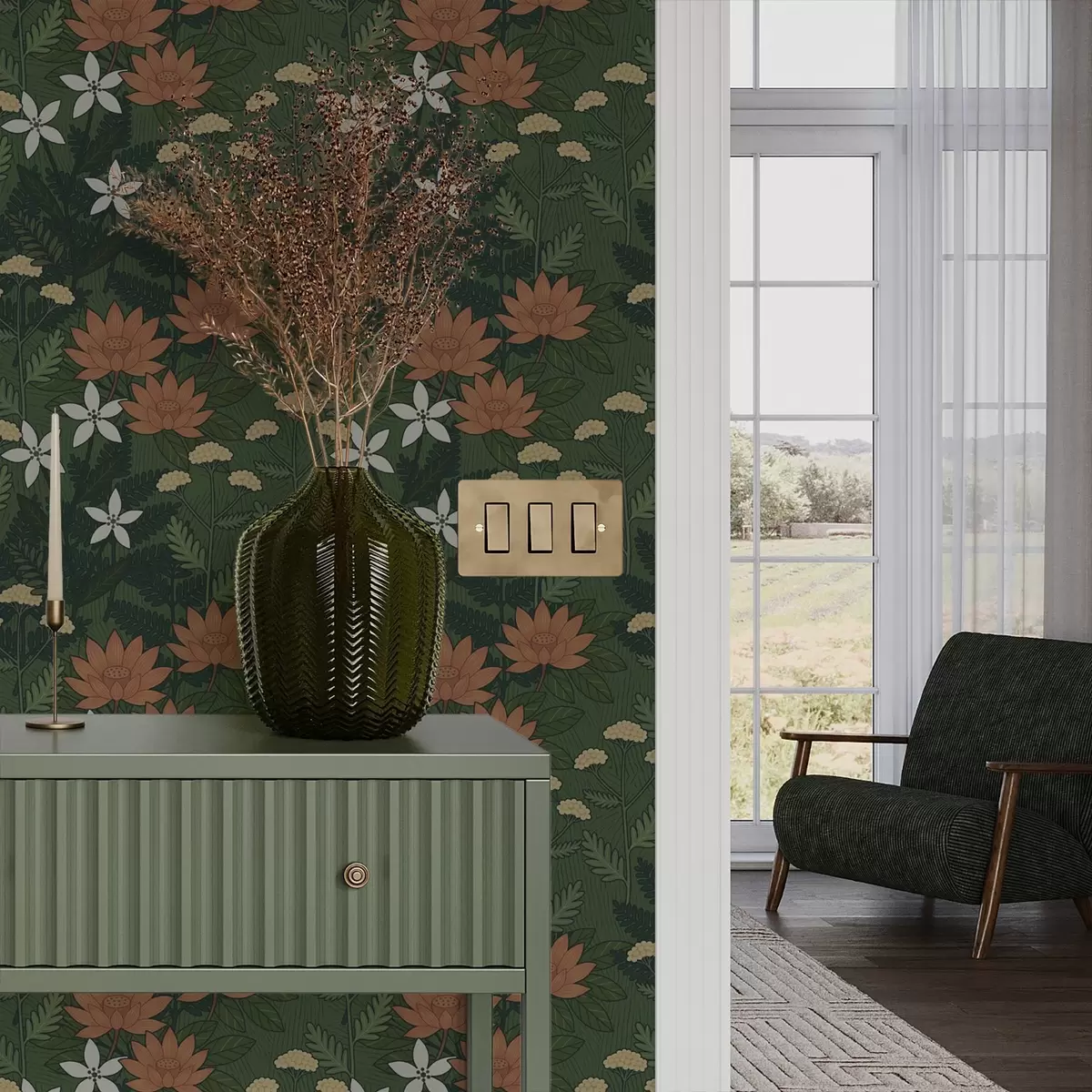 Papel de parede Grandes flores entre folhagem verde, composição decorativa a00708