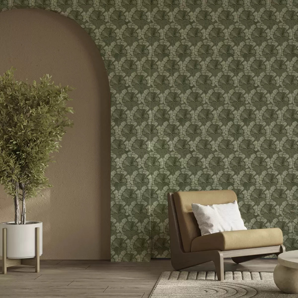 Papel de parede Padrão gráfico com ginkgo em uma paleta de tons verdes frescos a00709