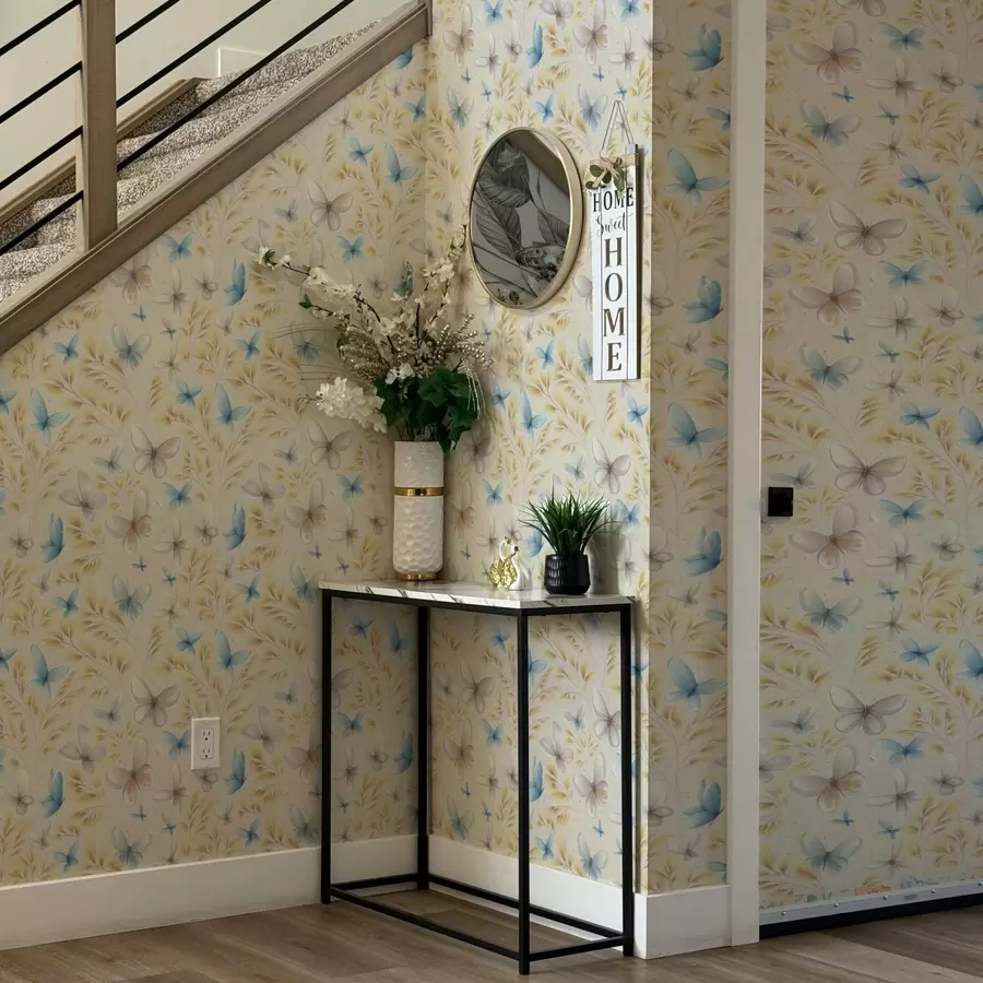 murais de parede Borboletas claras entre folhas amarelas em um fundo claro a00795