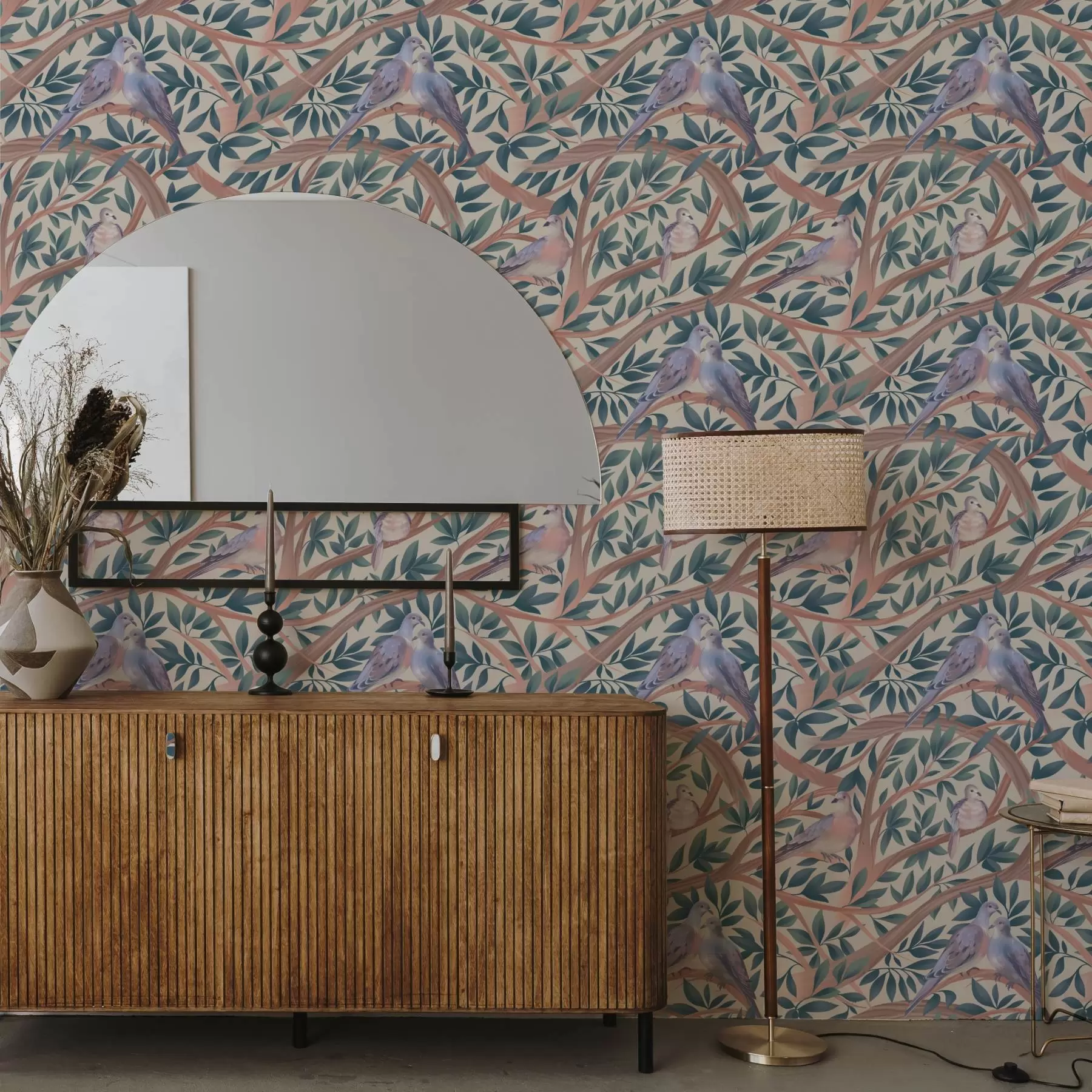 murais de parede Pombas entre galhos e folhas em uma paleta de tons pastéis suaves a00796