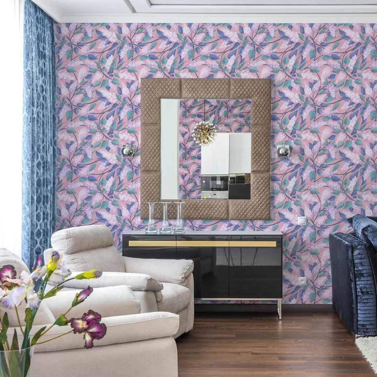 Papel de parede Delicadas flores lilás sobre fundo rosa, clima primaveril a00797