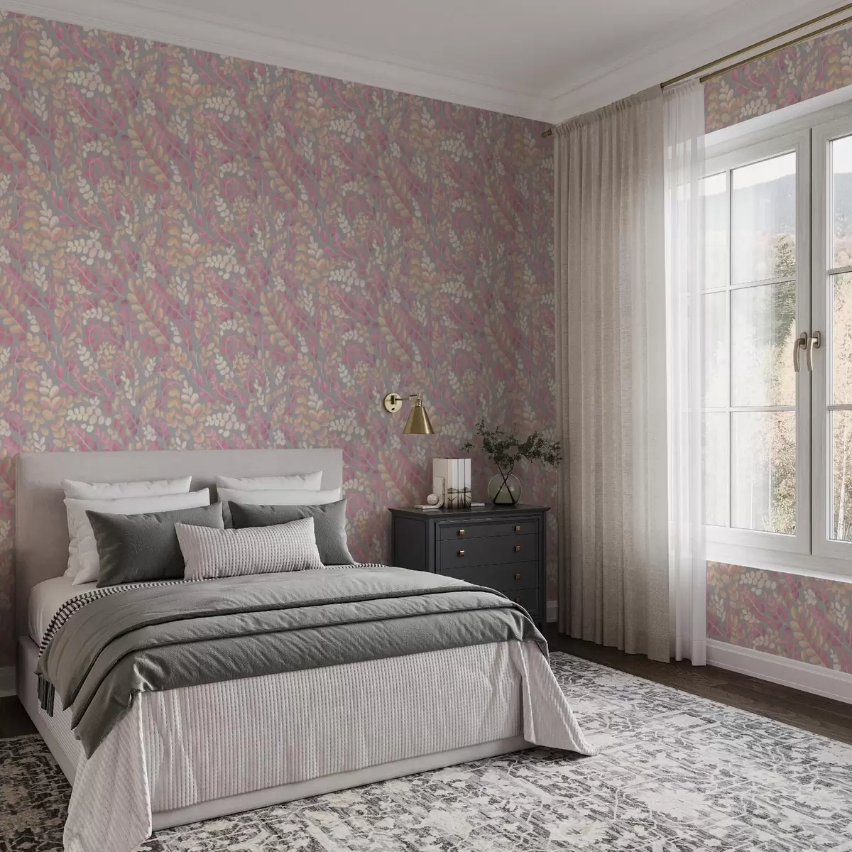 Papel de parede Galhos em tons pastéis com folhagem rosa-pêssego sobre fundo cinza a00799v1