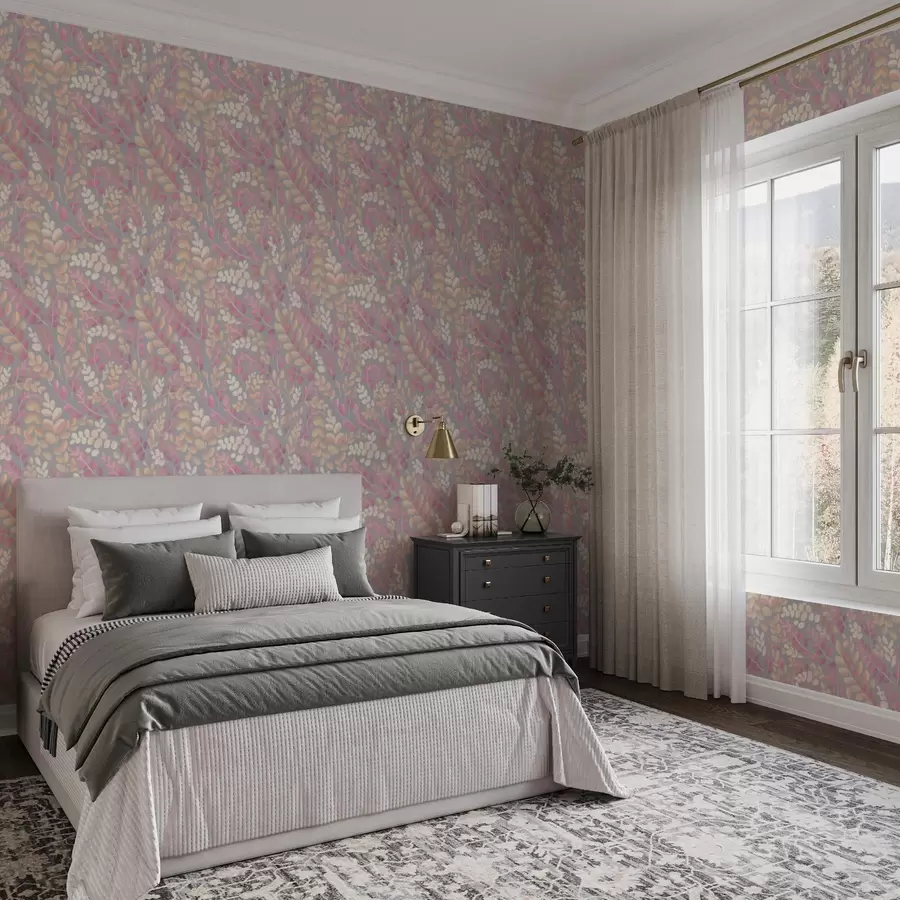 murais de parede Galhos em tons pastéis com folhagem rosa-pêssego sobre fundo cinza a00799v1