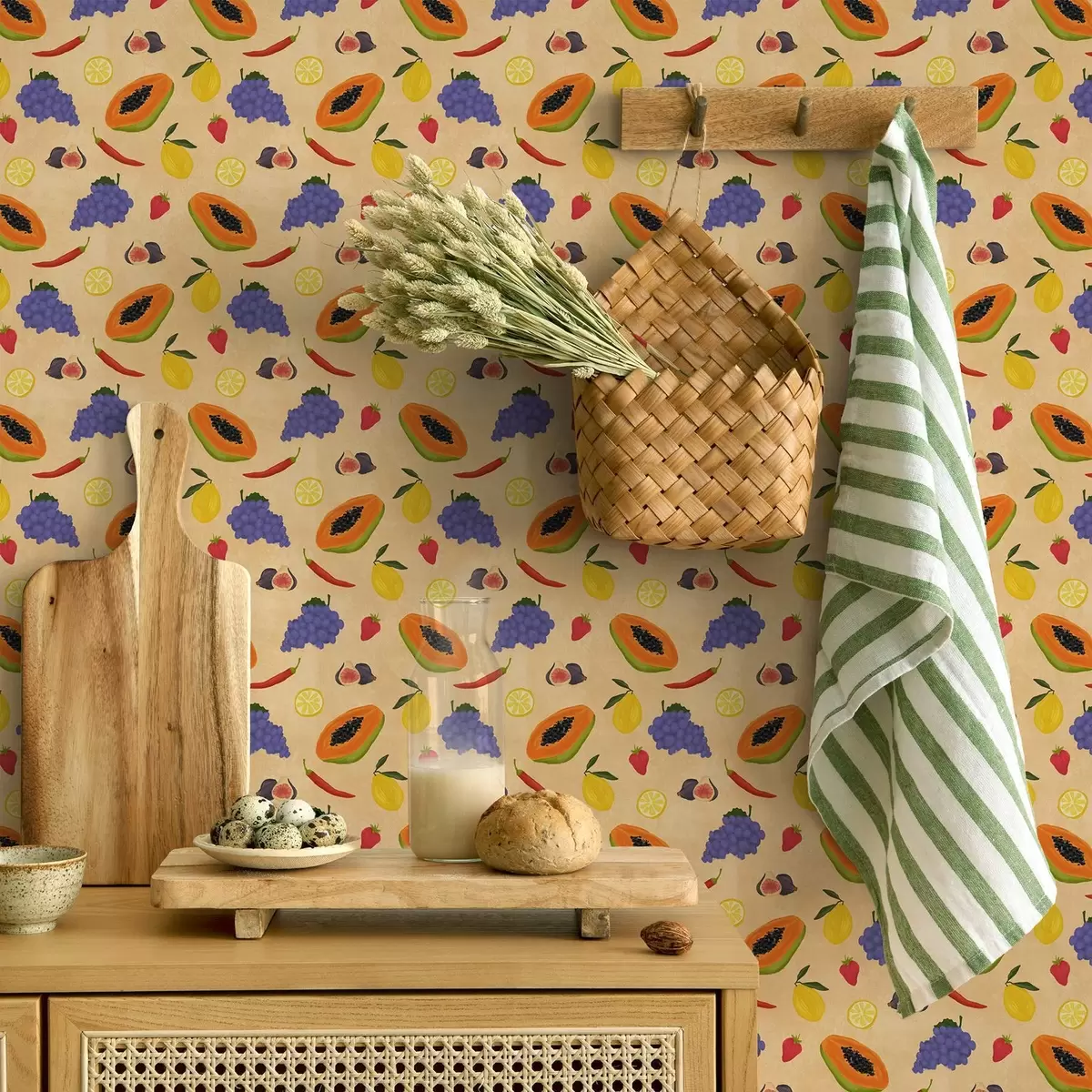 Papel de parede Mamão, frutas cítricas e bagas sobre um fundo rico e quente a00803v1