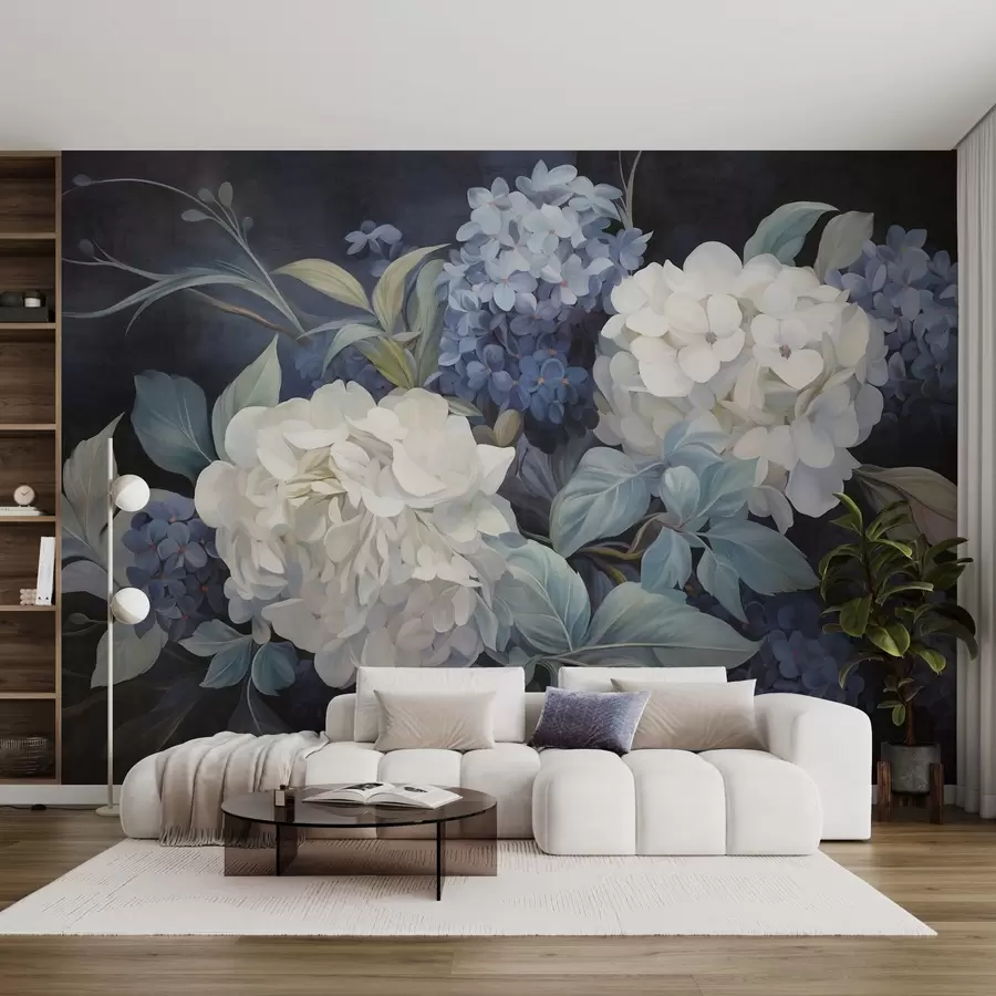 murais de parede Pintura texturizada em azul escuro imitando flores de hortênsias com folhas grandes, fundo abstrato e escuro w09465v1