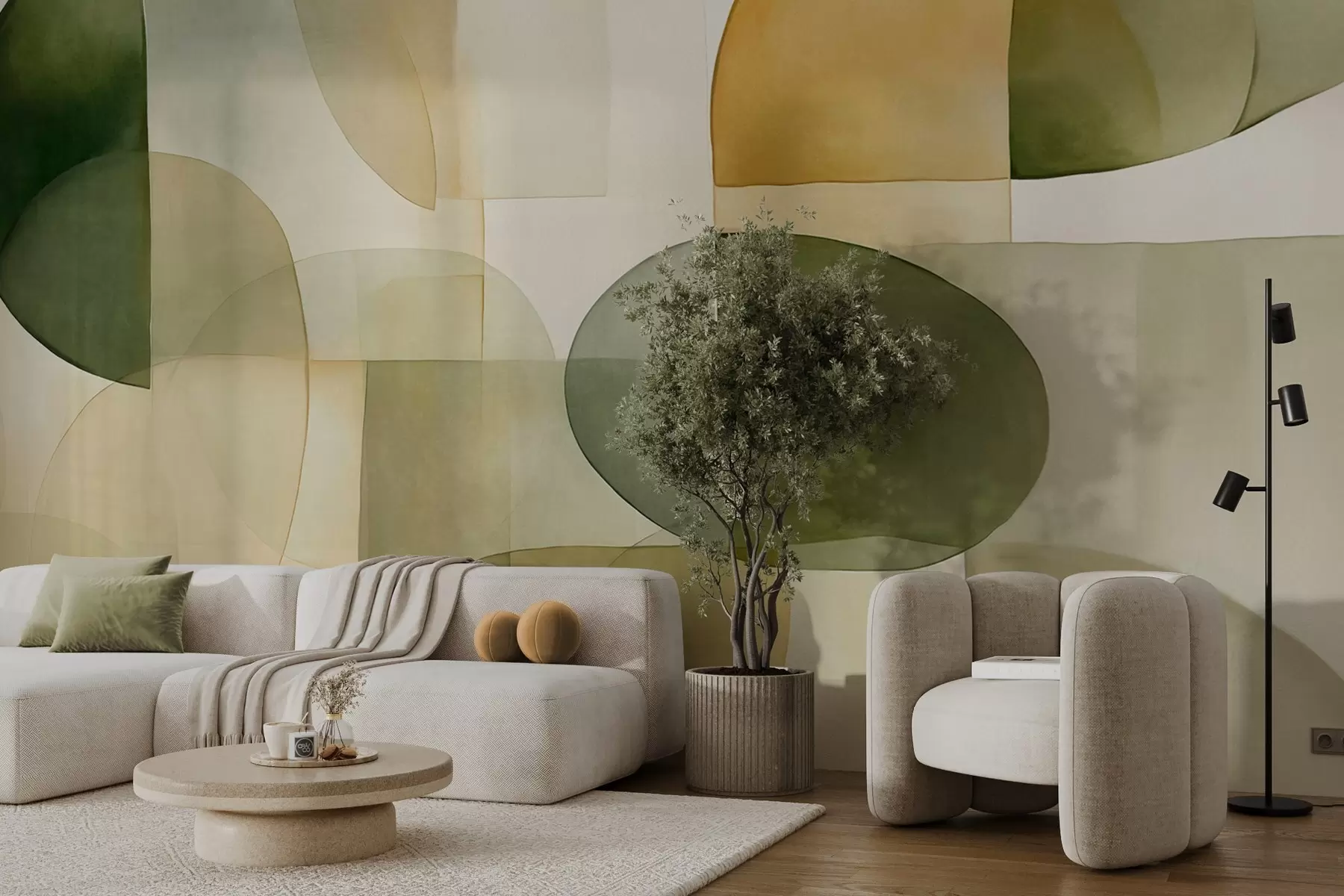 murais de parede Formas abstratas texturizadas em tons de verde e amarelo, tons suaves, composição minimalista, fundo neutro w09467