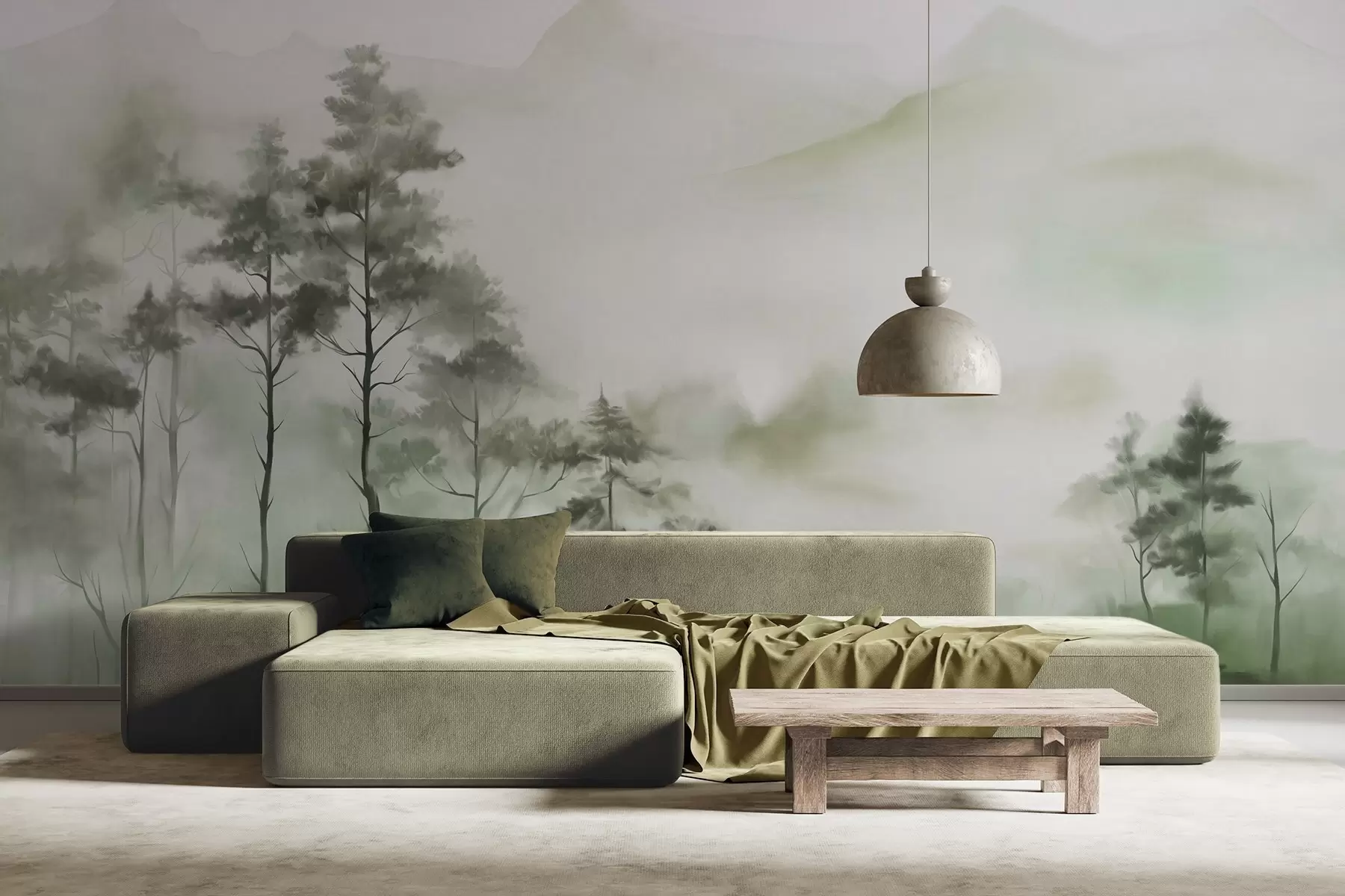 murais de parede Paisagem enevoada com árvores altas e montanhas em tons suaves de verde e cinza, estilo minimalista, texturizado w09469