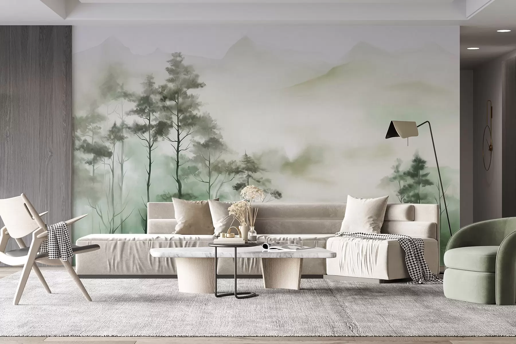 murais de parede Paisagem enevoada com árvores altas e montanhas em tons suaves de verde e cinza, estilo minimalista, texturizado w09469