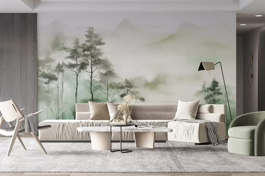 murais de parede Paisagem enevoada com árvores altas e montanhas em tons suaves de verde e cinza, estilo minimalista, texturizado w09469
