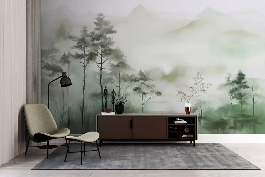 murais de parede Paisagem enevoada com árvores altas e montanhas em tons suaves de verde e cinza, estilo minimalista, texturizado w09469