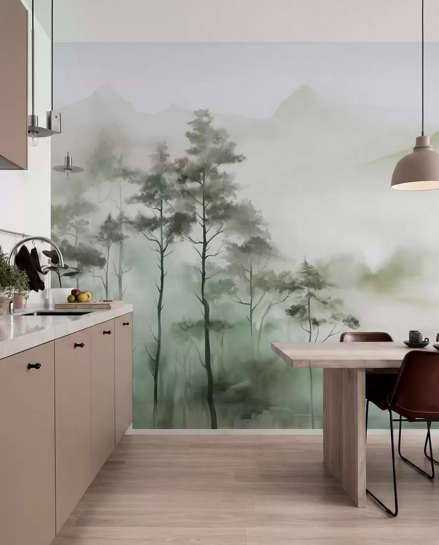 murais de parede Paisagem enevoada com árvores altas e montanhas em tons suaves de verde e cinza, estilo minimalista, texturizado w09469