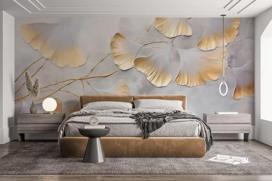 murais de parede Folhas de ginkgo biloba com bordas amarelas em um galho, fundo cinza texturizado, design elegante e minimalista w09472
