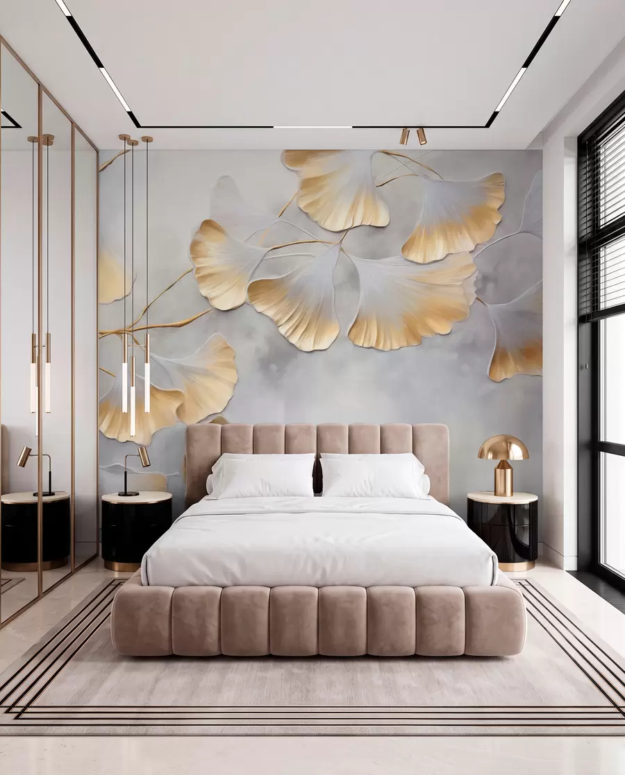 murais de parede Folhas de ginkgo biloba com bordas amarelas em um galho, fundo cinza texturizado, design elegante e minimalista w09472