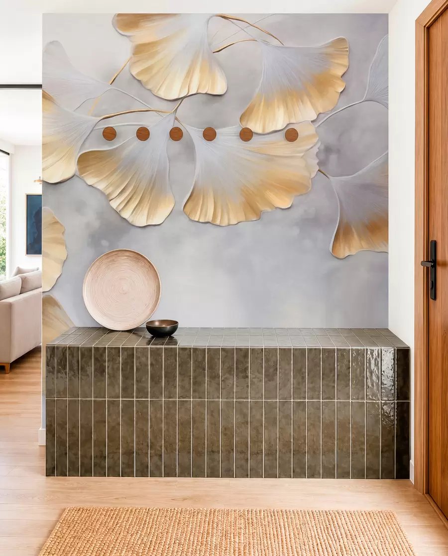 murais de parede Folhas de ginkgo biloba com bordas amarelas em um galho, fundo cinza texturizado, design elegante e minimalista w09472