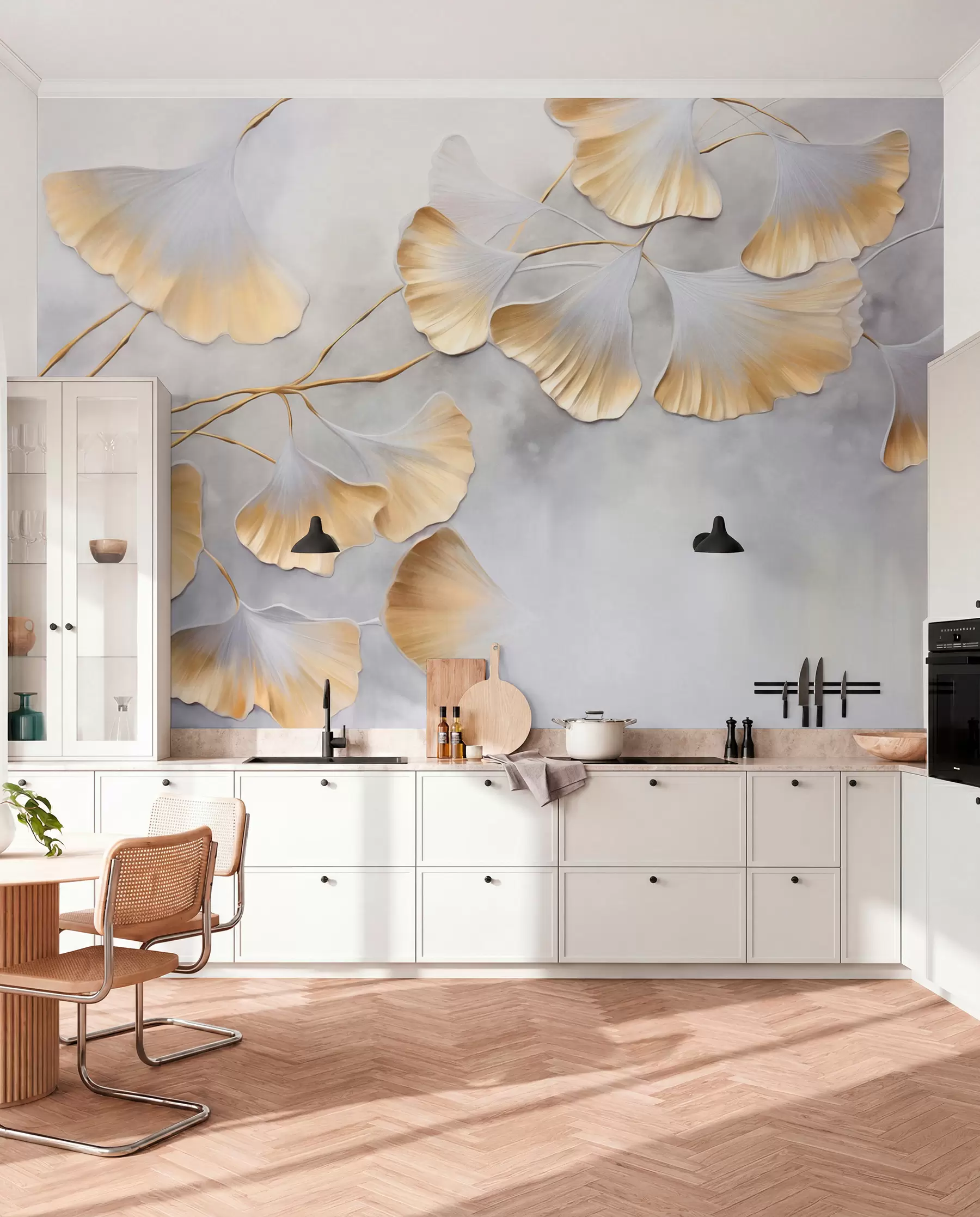 murais de parede Folhas de ginkgo biloba com bordas amarelas em um galho, fundo cinza texturizado, design elegante e minimalista w09472
