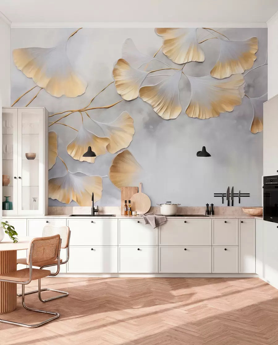 murais de parede Folhas de ginkgo biloba com bordas amarelas em um galho, fundo cinza texturizado, design elegante e minimalista w09472