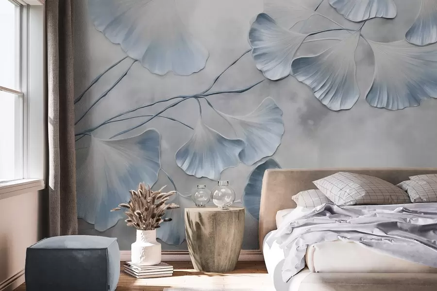 murais de parede Folhas de ginkgo biloba com bordas azuis em um galho, fundo cinza texturizado, design elegante e minimalista w09472v1