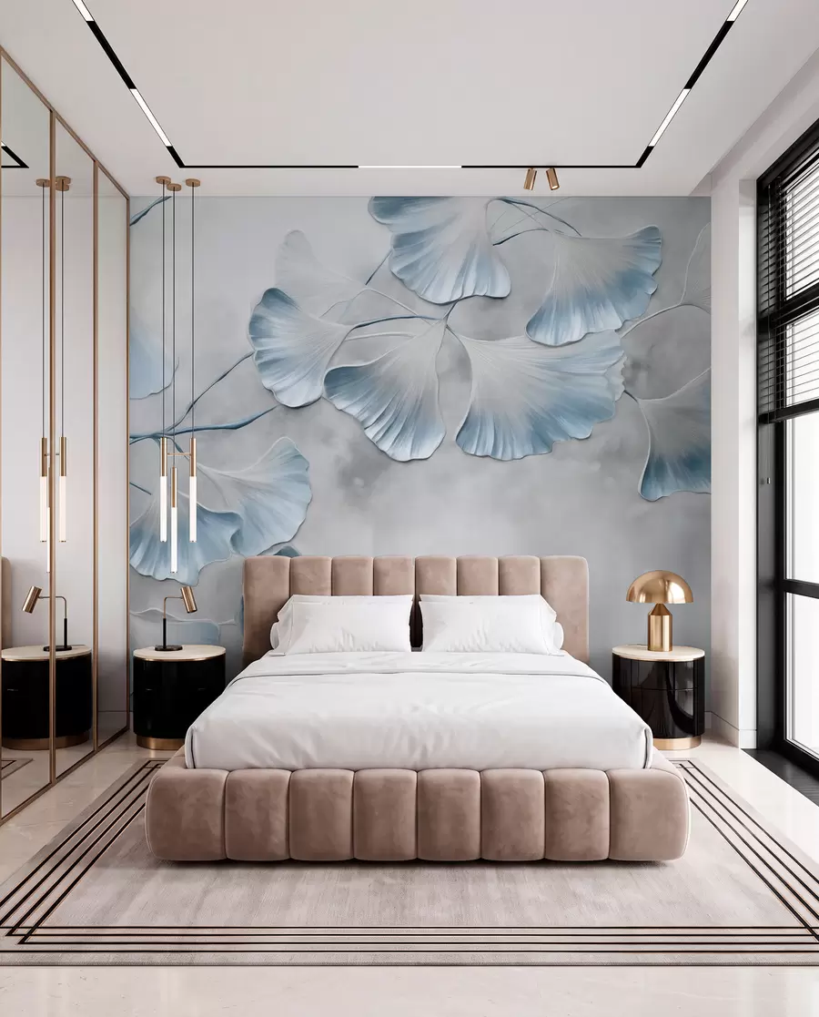 murais de parede Folhas de ginkgo biloba com bordas azuis em um galho, fundo cinza texturizado, design elegante e minimalista w09472v1