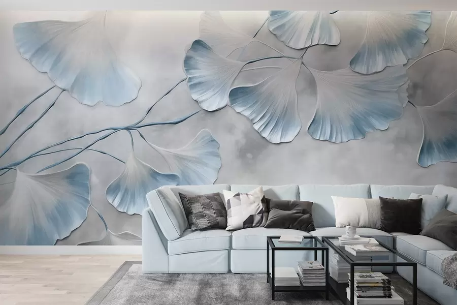 murais de parede Folhas de ginkgo biloba com bordas azuis em um galho, fundo cinza texturizado, design elegante e minimalista w09472v1