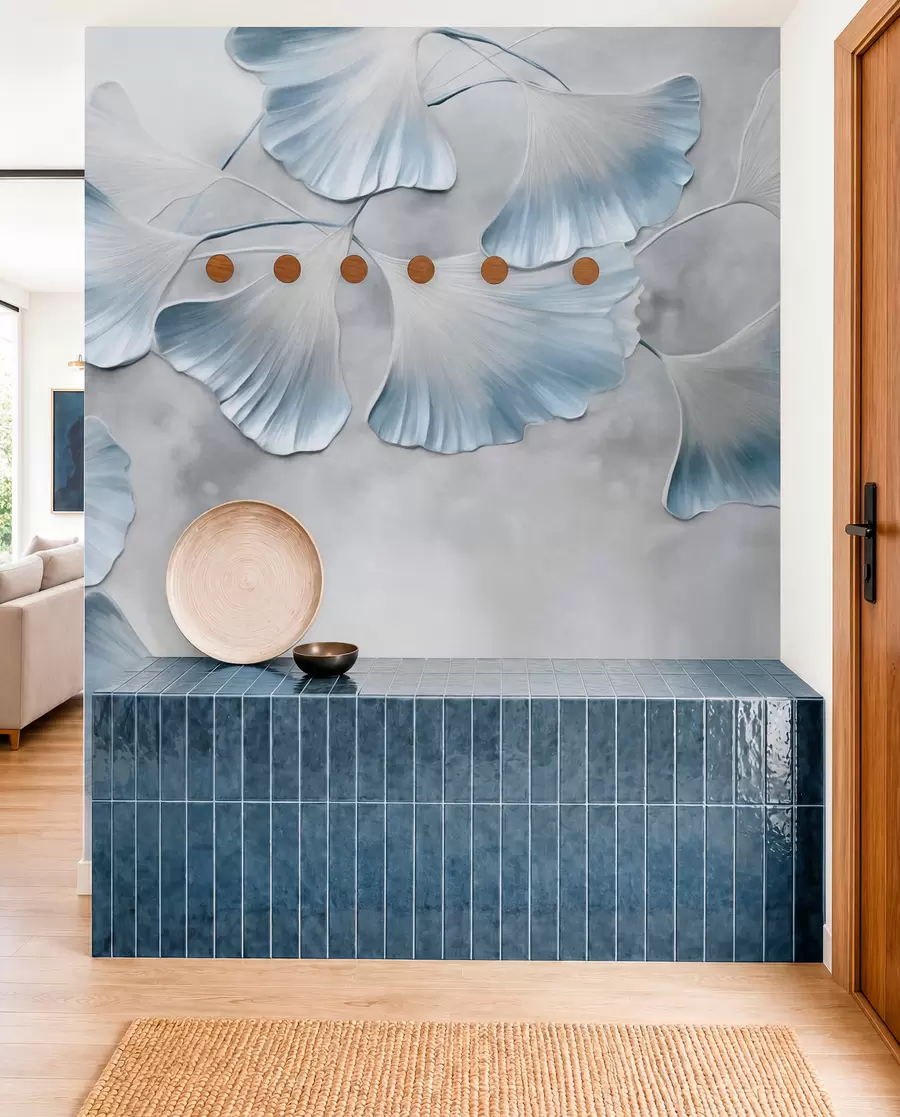murais de parede Folhas de ginkgo biloba com bordas azuis em um galho, fundo cinza texturizado, design elegante e minimalista w09472v1