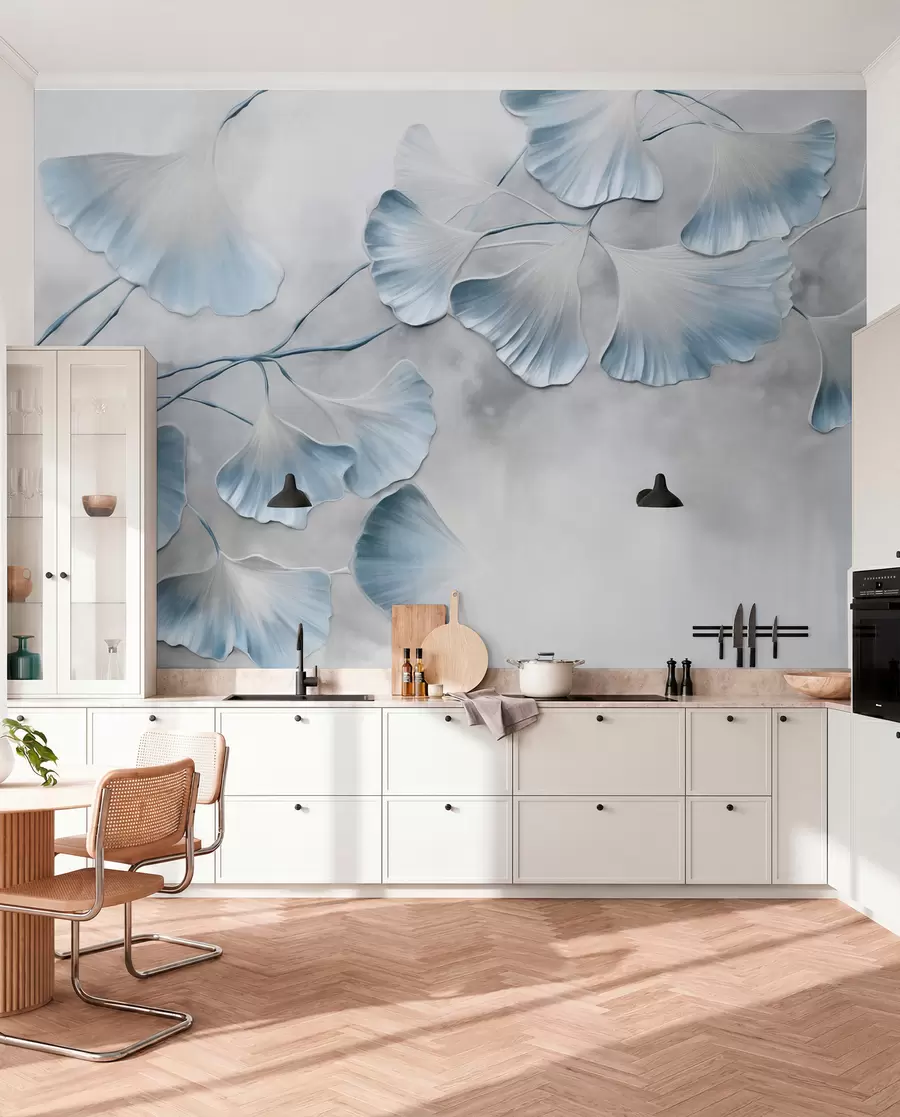 murais de parede Folhas de ginkgo biloba com bordas azuis em um galho, fundo cinza texturizado, design elegante e minimalista w09472v1