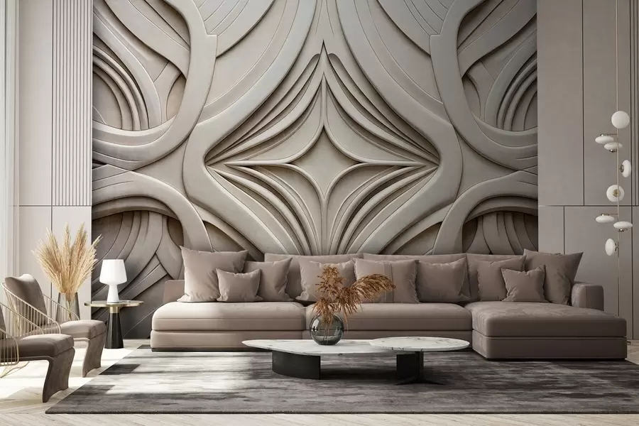 murais de parede Estampa geométrica simétrica abstrata com textura, cor bege claro, estilo art déco, detalhes intricados w09473