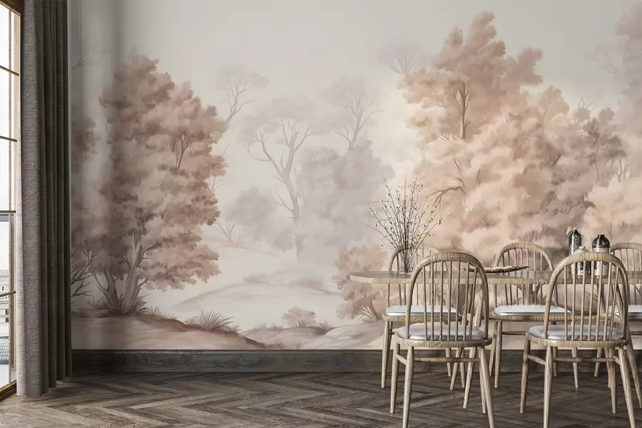 murais de parede Pintura texturizada de paisagem imitando uma floresta com árvores altas e grama, cores suaves e discretas, cena relaxante w09474