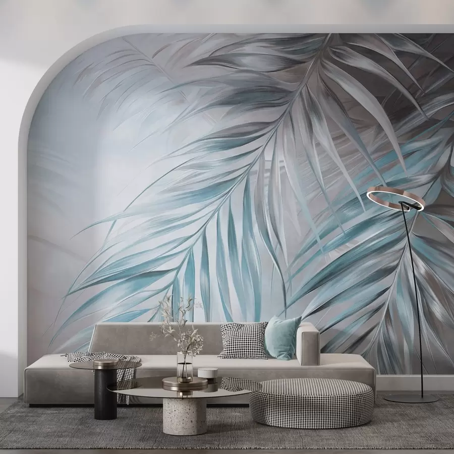 murais de parede Folhas de palmeira com tons cinza e azul, fundo com textura clara e cores suaves, estilo tropical elegante w09475v1