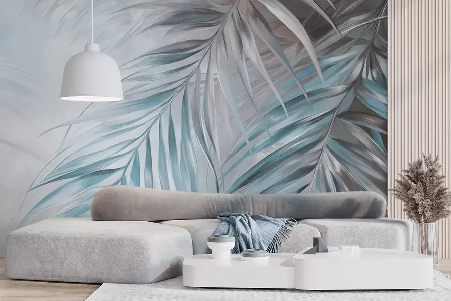 murais de parede Folhas de palmeira com tons cinza e azul, fundo com textura clara e cores suaves, estilo tropical elegante w09475v1