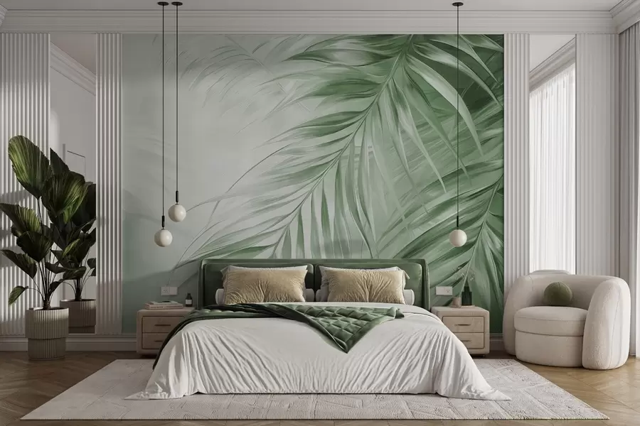 murais de parede Folhas de palmeira com tons verdes, fundo com textura clara e cores suaves, estilo tropical elegante w09475v2