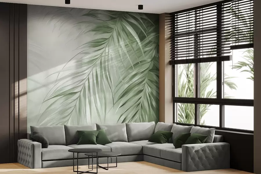 murais de parede Folhas de palmeira com tons verdes, fundo com textura clara e cores suaves, estilo tropical elegante w09475v2