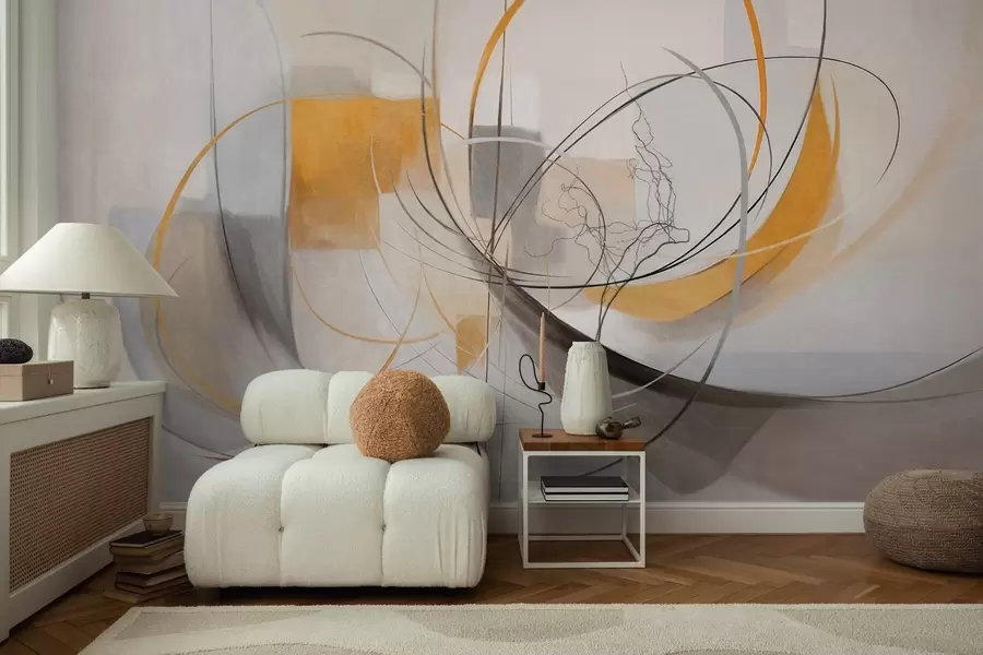 murais de parede Pintura moderna com textura abstrata, linhas curvas e formas geométricas em tons de cinza, branco e laranja w09476
