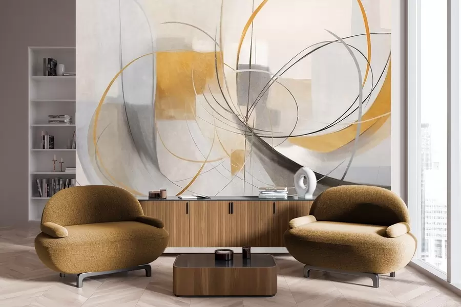 murais de parede Pintura moderna com textura abstrata, linhas curvas e formas geométricas em tons de cinza, branco e laranja w09476
