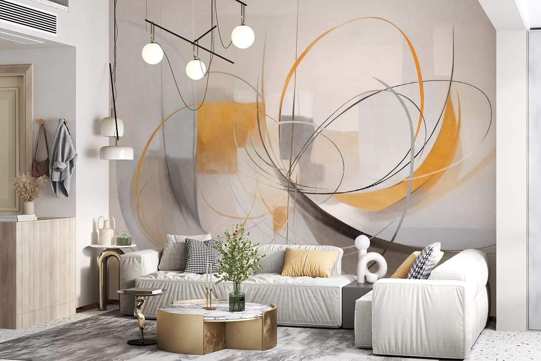 murais de parede Pintura moderna com textura abstrata, linhas curvas e formas geométricas em tons de cinza, branco e laranja w09476