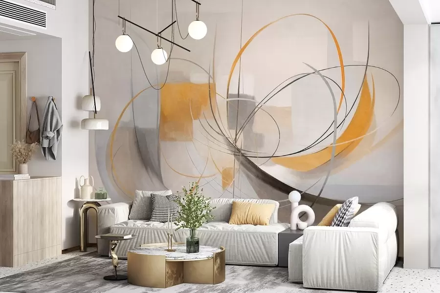 murais de parede Pintura moderna com textura abstrata, linhas curvas e formas geométricas em tons de cinza, branco e laranja w09476