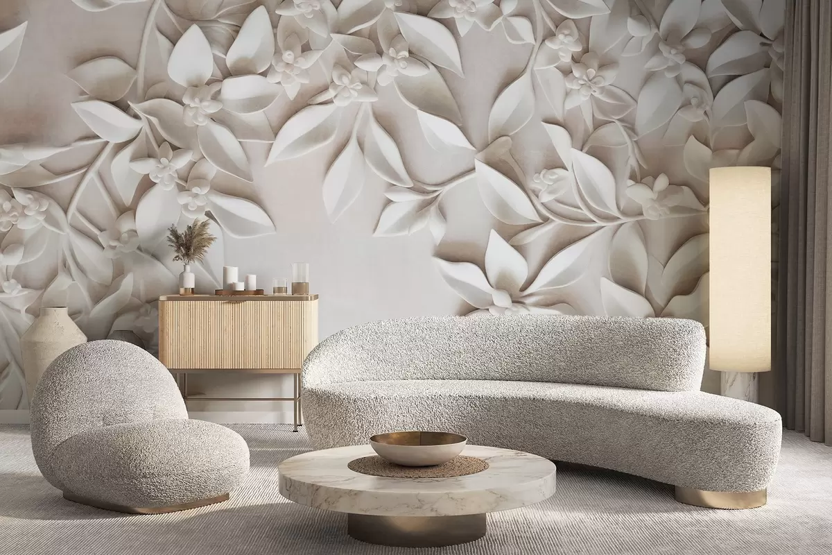 murais de parede Flores e folhas brancas texturizadas, arranjo floral, design elegante, estilo minimalista, arte decorativa w09479