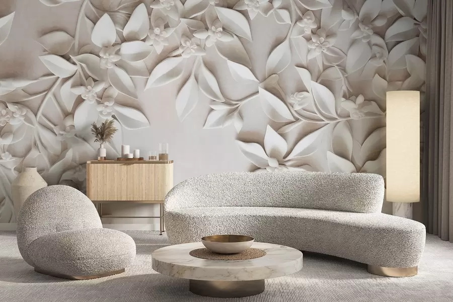 murais de parede Flores e folhas brancas texturizadas, arranjo floral, design elegante, estilo minimalista, arte decorativa w09479