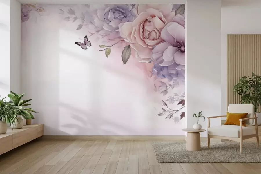 murais de parede Delicadas flores rosa e lilás com uma borboleta w04711