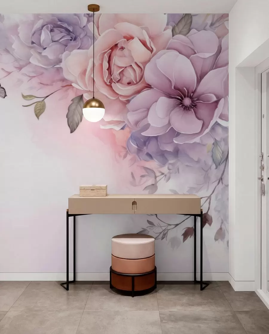 murais de parede Delicadas flores rosa e lilás com uma borboleta w04711