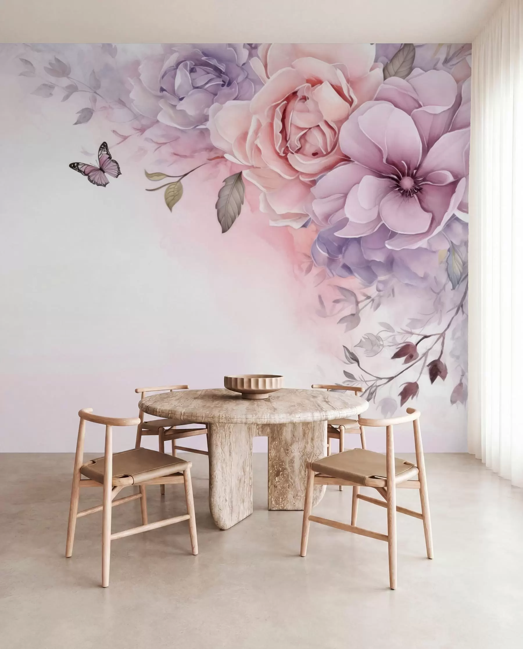 murais de parede Delicadas flores rosa e lilás com uma borboleta w04711