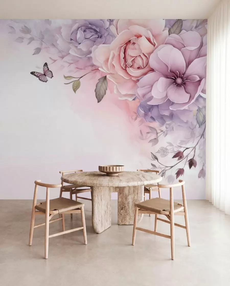 murais de parede Delicadas flores rosa e lilás com uma borboleta w04711