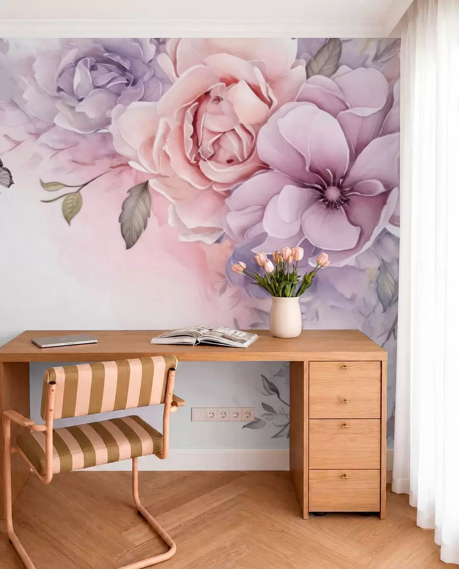 murais de parede Delicadas flores rosa e lilás com uma borboleta w04711