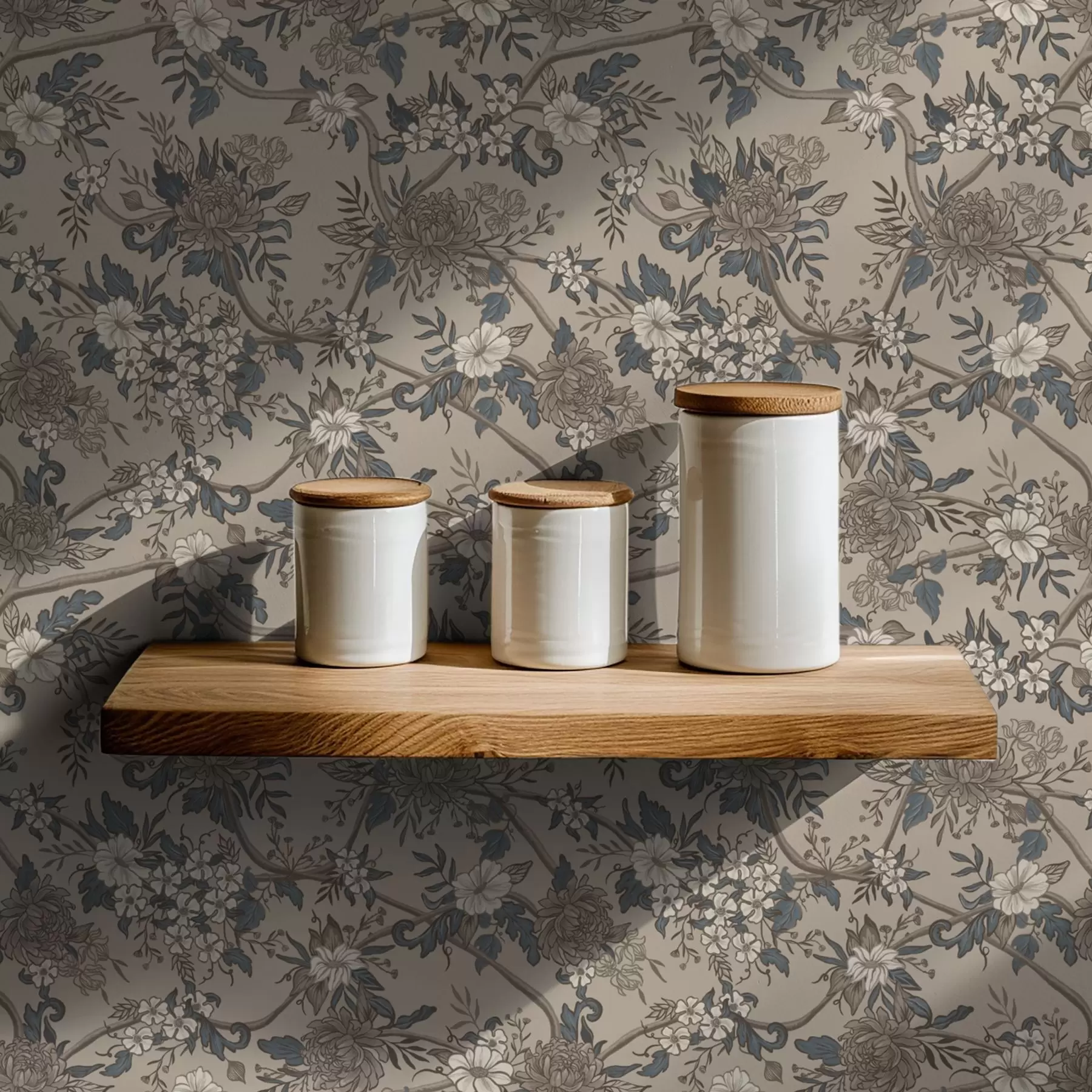 murais de parede Flores grandes com folhas estampadas sobre um fundo bege quente a00649