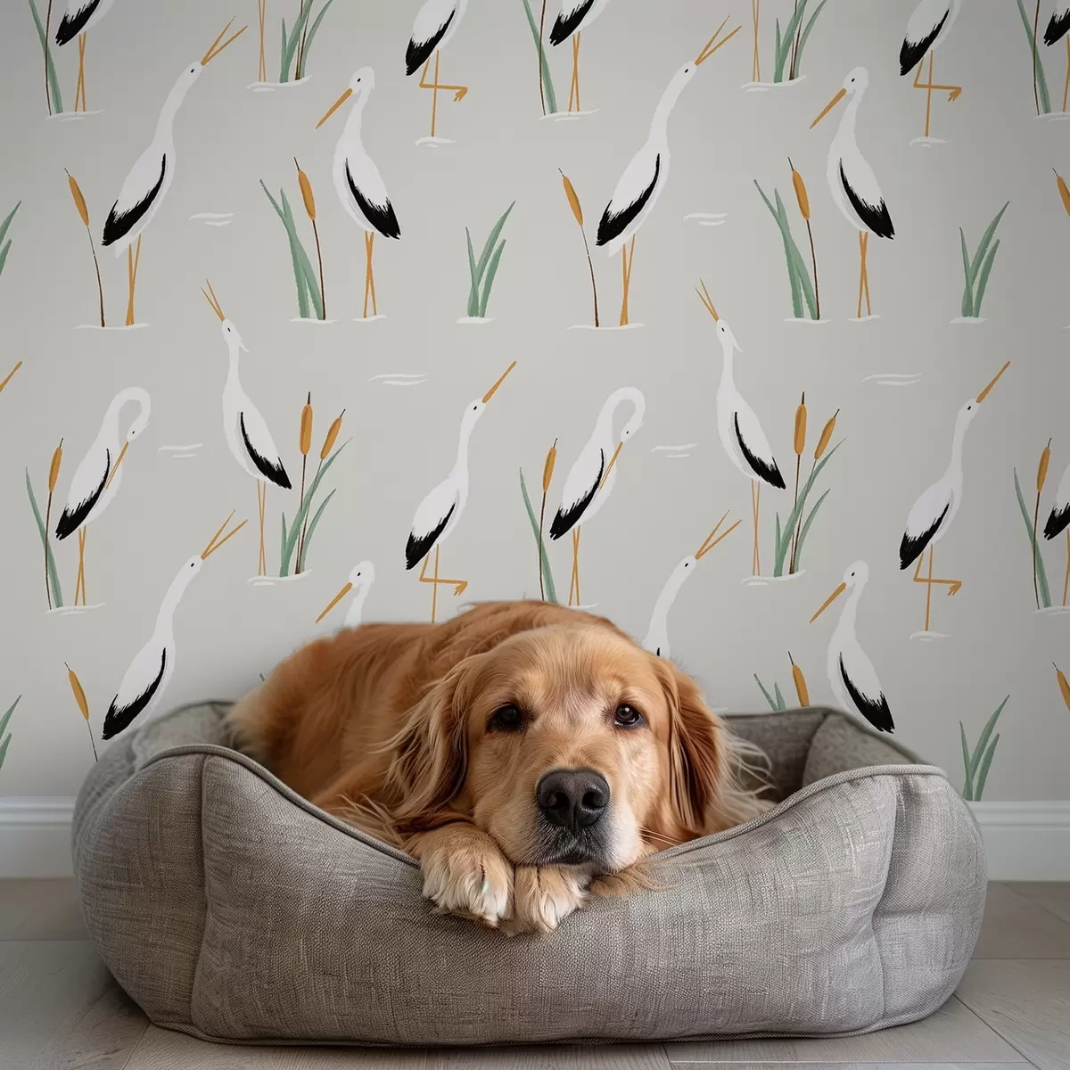 Papel de parede Garças entre juncos em um fundo cinza claro a00650