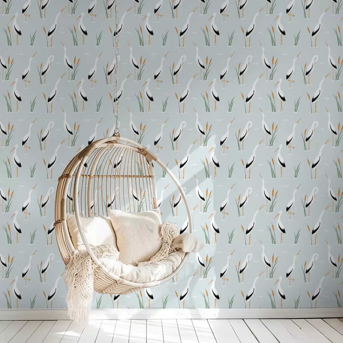Papel de parede Garças entre juncos em um fundo azul suave a00650v1