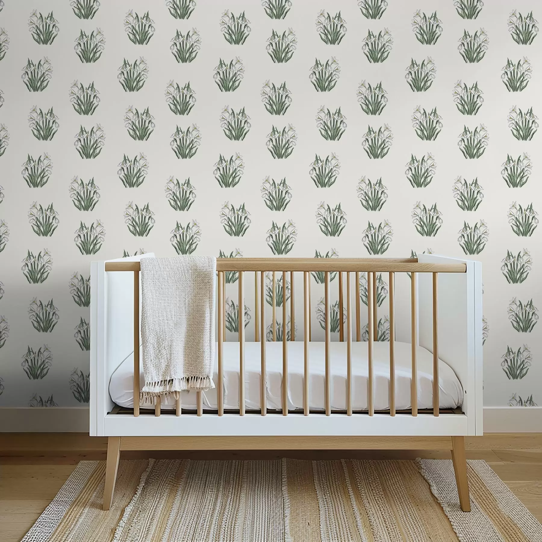 murais de parede Snowdrops com folhas verdes sobre um fundo cinza claro a00651v1