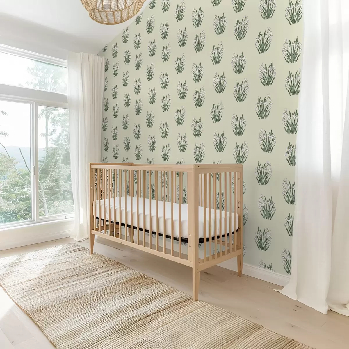 Papel de parede Snowdrops com folhas verdes sobre um fundo creme a00651v2