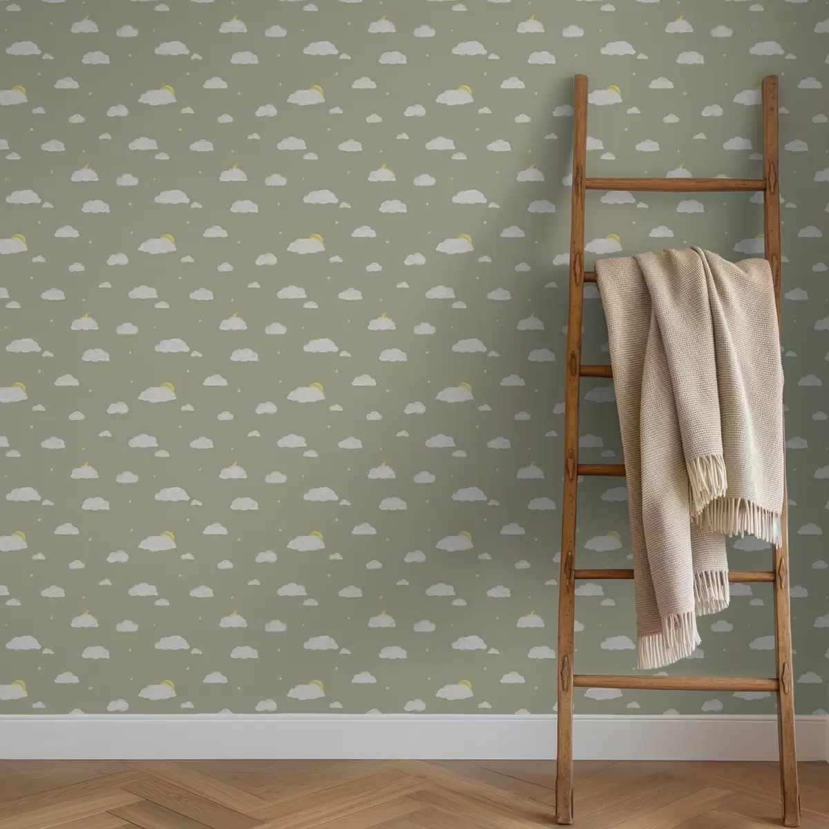 Papel de parede Nuvens suaves, estrelas e sol sobre um fundo cinza esverdeado a00652v1