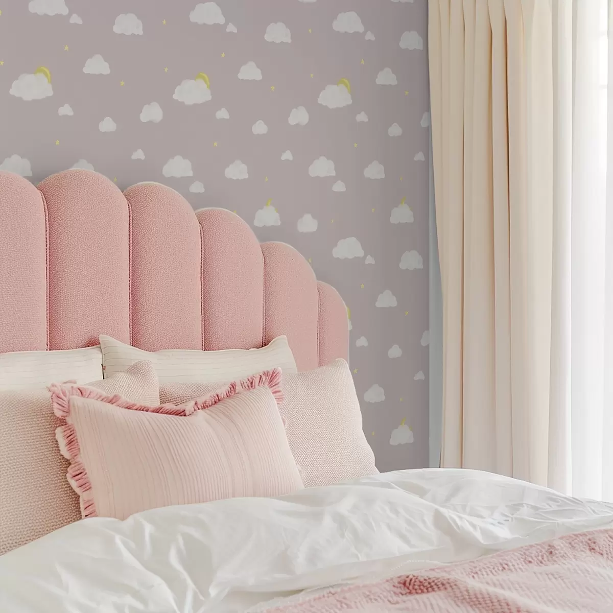 Papel de parede Nuvens suaves, estrelas e sol sobre um fundo cinza rosado a00652v2