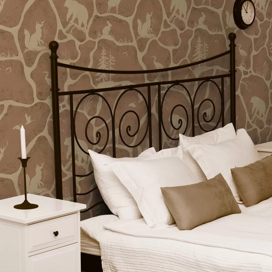 murais de parede Silhuetas de animais e árvores em uma paisagem natural com textura de pedra a00727